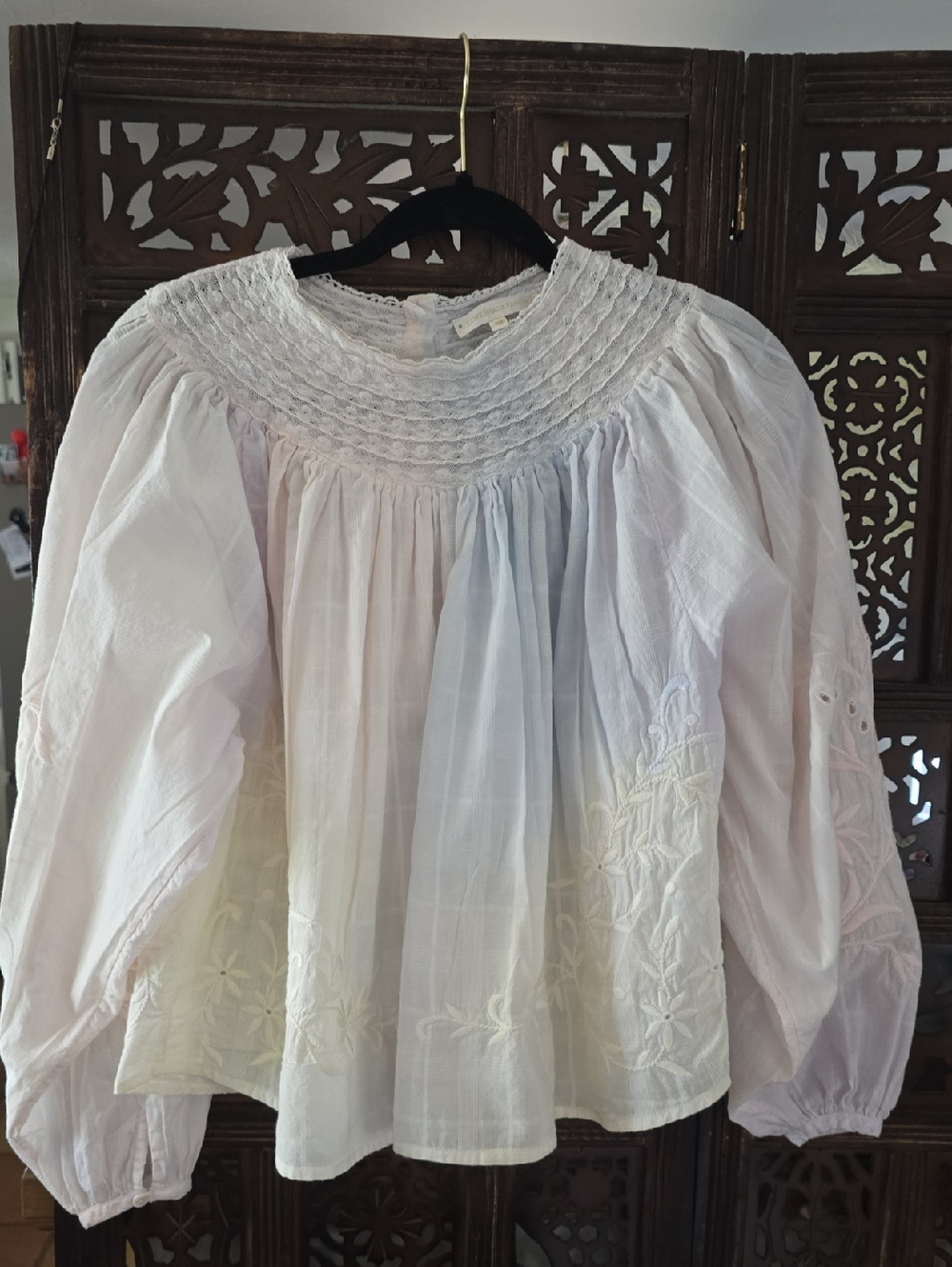 LoveShackFancy White Smocked Peasant Blouse with Embroidered Hem